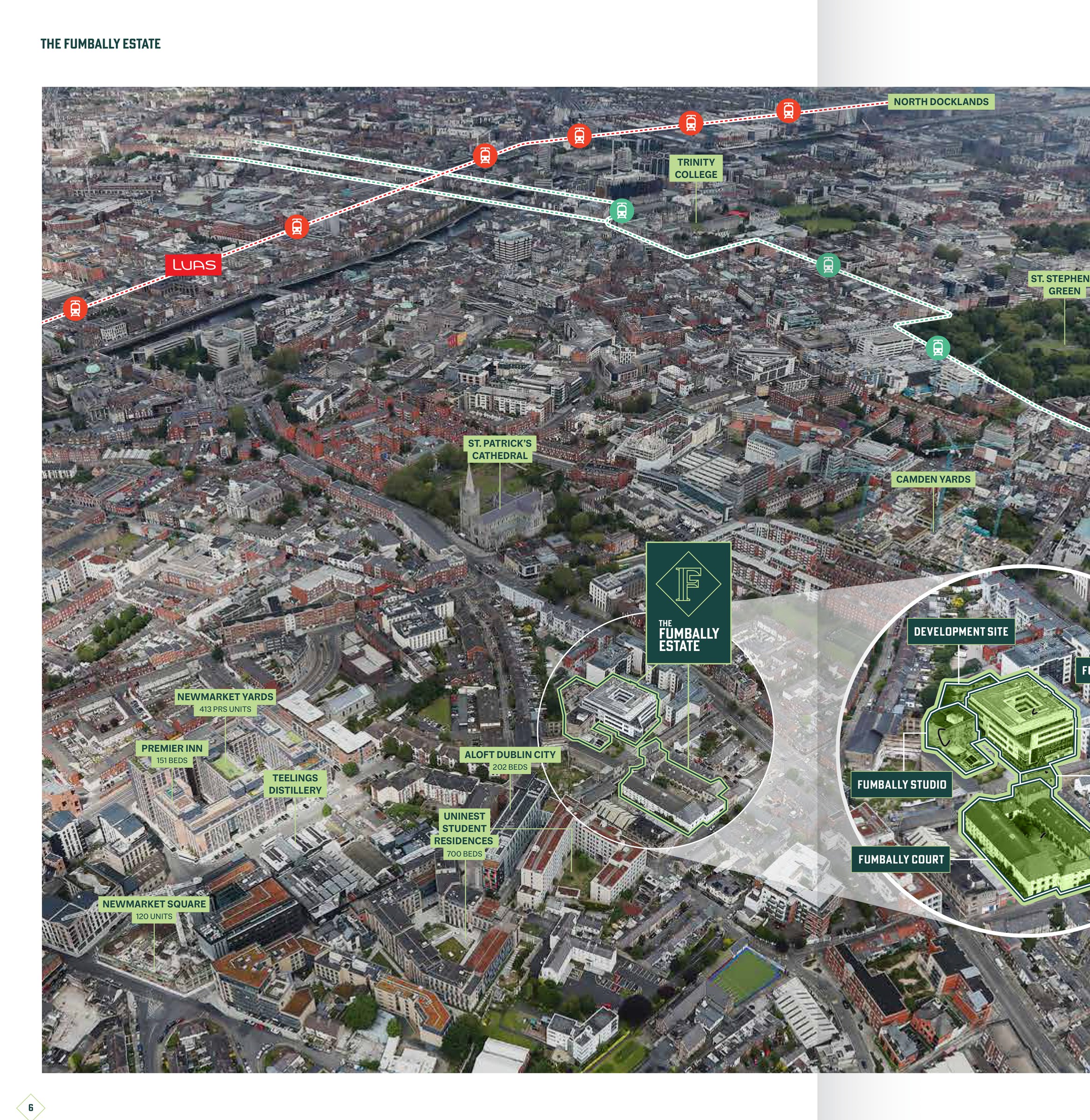 Dublin 8 aerial — The Fumbally Estate within the surrounding development context (Newmarket Square, Newmarket Yards, Aloft Dublin City, Premier Inn, Teelings Distillery, Uninest Student Residences, Camden Yards)