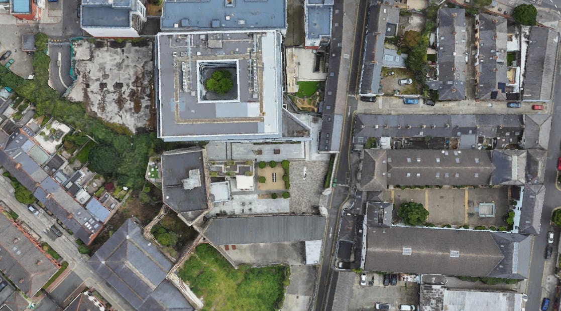 Fumbally Estate site context — aerial showing Square, Studio and Court footprints