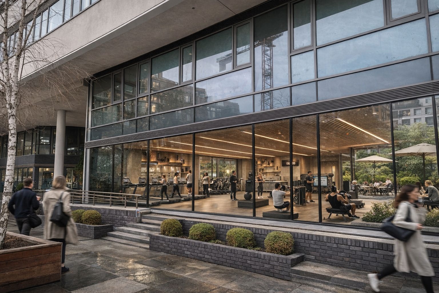 Wellness studio interior — daylight, planting